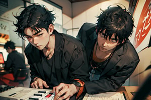 beautiful high res photo realistic detailed background Japanese music holl,【BRAKE】35years old, 3MENS playing synthesizer 、fullbody、musician YMO. {{{ RYUICHI SAKAMOTO keyboard, YUKIHIRO TAKAHASHI dram、HARUOMI HOSONO bass、 }}}Manga-style speech bubbles in Japanese→君に胸キュン！