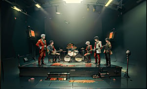 beautiful high res photo realistic detailed background Japanese music holl,【BRAKE】45years old, 3MEN playing synthesizer 、A stage where three people lined up in a row, are separated、　Red suit standing play fullbody、musician YMO. {{{ RYUICHI SAKAMOTO ((keyboard)), YUKIHIRO TAKAHASHI ((dram)), HARUOMI HOSONO .((bass)), }}}Manga-style speech bubbles in Japanese→君に胸キュン！,cyber_tech ,inboxDollPlaySetQuiron style,DonMASKTex 