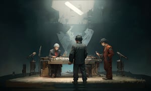 beautiful high res photo realistic detailed background Japanese music holl,【BRAKE】45years old, 3MEN playing synthesizer 、A stage where three people lined up in a row, are separated、　Red suit standing play fullbody、musician YMO. {{{ RYUICHI SAKAMOTO ((keyboard)), YUKIHIRO TAKAHASHI ((dram)), HARUOMI HOSONO .((bass)),The letters on the screen are 【ymo】}}},cyber_tech ,inboxDollPlaySetQuiron style,DonMASKTex 