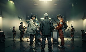 beautiful high res photo realistic detailed background Japanese music holl,【BRAKE】45years old, 3MEN playing synthesizer 、A stage where three people lined up in a row, are separated、　Red suit standing play fullbody、musician YMO. {{{ RYUICHI SAKAMOTO ((keyboard)), YUKIHIRO TAKAHASHI ((dram)), HARUOMI HOSONO .((bass)), }}}Manga-style speech bubbles in Japanese→君に胸キュン！,cyber_tech ,inboxDollPlaySetQuiron style,DonMASKTex 