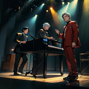 beautiful high res photo realistic detailed background Japanese music holl,【BRAKE】35years old, 3MENS playing synthesizer 、A stage where three people I lined up in a row.are separated、　Red suit standing play, fullbody、musician YMO. {{{ RYUICHI SAKAMOTO ((keyboard)), YUKIHIRO TAKAHASHI ((dram)), HARUOMI HOSONO .((bass)), }}}Manga-style speech bubbles in Japanese→君に胸キュン！