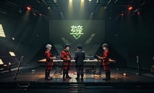 beautiful high res photo realistic detailed background Japanese music holl,【BRAKE】45years old, 3MENS playing synthesizer 、A stage where three people lined up in a row, are separated、　Red suit standing play fullbody、musician YMO. {{{ RYUICHI SAKAMOTO ((keyboard)), YUKIHIRO TAKAHASHI ((dram)), HARUOMI HOSONO .((bass)), }}}Manga-style speech bubbles in Japanese→君に胸キュン！,cyber_tech 