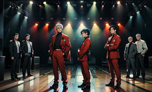 beautiful high res photo realistic detailed background Japanese music holl,【BRAKE】45years old, 3MENS playing synthesizer 、A stage where three people lined up in a row, are separated、　Red suit standing play fullbody、musician YMO. {{{ RYUICHI SAKAMOTO ((keyboard)), YUKIHIRO TAKAHASHI ((dram)), HARUOMI HOSONO .((bass)), }}}Manga-style speech bubbles in Japanese→君に胸キュン！