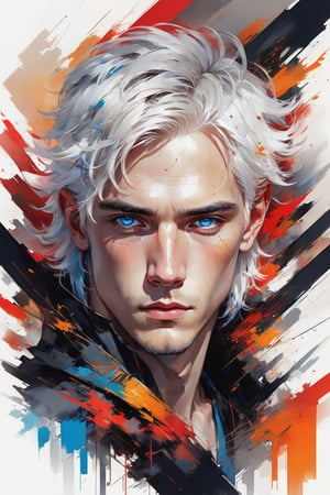 very beautiful 18 olds boy, abstract handsome with white hair and blue grey eyes, looking in the camera, approaching perfection, dynamic, red black and orange colors, highly detailed, digital painting, artstation, concept art, sharp focus, illustration, art by Carne Griffiths and Wadim Kashin