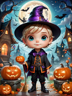 a cute boy,Craft a captivating and cute Halloween image with a fantasy twist, featuring magical and colorful elements. Envision an enchanting scene with cute characters, vibrant colors, and whimsical details that evoke the spirit of Halloween in a beautiful and fantastical way. Request high-detail to capture the intricate and charming aspects, ensuring this Halloween-style image becomes a magical and visually stunning portrayal of the festive season