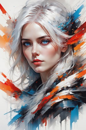 very beautiful woman, abstract beauty with white hair and blue grey eyes, looking in the camera, approaching perfection, dynamic, red black and orange colors, highly detailed, digital painting, artstation, concept art, sharp focus, illustration, art by Carne Griffiths and Wadim Kashin
