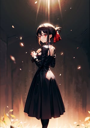 (masterpiece), (best quality), 4k, 1girl,kaguya shinomiya, black one piece dress, red eyes with black gradient, long skirt, Small hands, hands behind the back, light_particles, comprehensive cinematic, magical photography, (gradients), detailed landscape, coherence, 1panel, full body, folded ponytail, basic_background, standing, pose simple