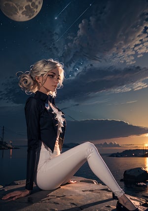 (masterpiece), (best quality), 4k, 1girl, white_hair. wavy_hair. smile, like, white_shirt. pants, cloth dress, red eyes with black gradient, Small hands, focus face, light_particles, comprehensive cinematic, magical photography, (gradients), detailed landscape, coherence, 1panel, basic_background, midnight, starry_sky, moon, wind in hair, blue tones, reflection in the water, thin legs, looking_at_viewer, sitting on a rock::1, simple_background, full_body