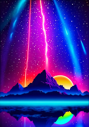 (masterpiece), (best quality), starry_sky, moon, meteor_shower, (full dual colour neon lighting)::1, (detailed background), (masterpiece:1.2), (ultra detailed), (best quality), comprehensive cinematic, magical photography, (gradients), colorful, detailed landscape, visual key, only_sky::2, galaxy_shower, afire_expansive. no_buildings, exposed_planets, group of round planets in line::3, swimming fish::4, giant star illuminated in the center of bright colors::5