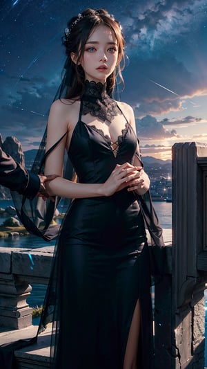 (masterpiece), (best quality),1girl, sole_female, complex_background, comprehensive cinematic, magical photography, (gradients), detailed landscape, black_dress, black veil, focus face, blue eyes, coherence, 1panel, night_sky, long fabrics, Small hands