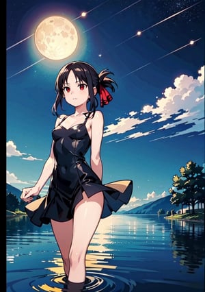 (masterpiece), (best quality), 4k, 1girl,kaguya shinomiya, black one piece dress, red eyes with black gradient, long skirt, Small hands, hands behind the back, light_particles, comprehensive cinematic, magical photography, (gradients), detailed landscape, coherence, 1panel, folded ponytail, basic_background, standing, pose simple, night, starry_sky, moon, wind in hair, blue tones, lake, Walking on the water, reflection in the water, thin legs, focus_face,shinomiya kaguya