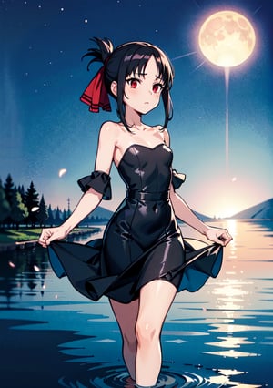(masterpiece), (best quality), 4k, 1girl,kaguya shinomiya, black one piece dress, red eyes with black gradient, long skirt, Small hands, hands behind the back, light_particles, comprehensive cinematic, magical photography, (gradients), detailed landscape, coherence, 1panel, folded ponytail, basic_background, standing, pose simple, night, starry_sky, moon, wind in hair, blue tones, lake, Walking on the water, reflection in the water, thin legs, focus_face