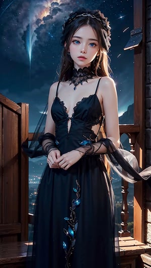 (masterpiece), (best quality),1girl, sole_female, complex_background, comprehensive cinematic, magical photography, (gradients), detailed landscape, black_dress, black veil, focus face, blue eyes, coherence, 1panel, night_sky, long fabrics, Small hands