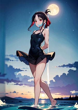 (masterpiece), (best quality), 4k, 1girl,kaguya shinomiya, black one piece dress, red eyes with black gradient, long skirt, Small hands, hands behind the back, light_particles, comprehensive cinematic, magical photography, (gradients), detailed landscape, coherence, 1panel, folded ponytail, basic_background, standing, pose simple, night, starry_sky, moon, wind in hair, blue tones, lake, Walking on the water, reflection in the water, thin legs, focus_face