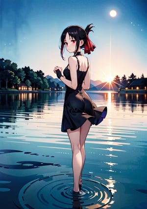 (masterpiece), (best quality), 4k, 1girl,kaguya shinomiya, black one piece dress, red eyes with black gradient, long skirt, Small hands, hands behind the back, light_particles, comprehensive cinematic, magical photography, (gradients), detailed landscape, coherence, 1panel, folded ponytail, basic_background, standing, pose simple, night, starry_sky, moon, wind in hair, blue tones, lake, Walking on the water, reflection in the water, thin legs, focus_face,shinomiya kaguya