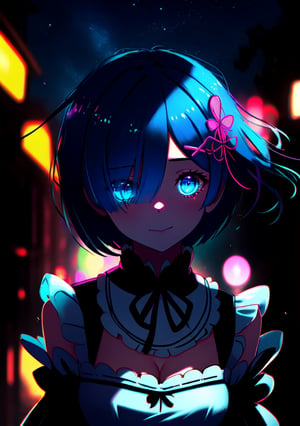 rem_re_zero, blue hair, short hair, maid uniform, hair ornament, cleavage, maid headdress, detached sleeves, ribbon,1girl, solo, highres, look at the sky, night_sky, stars in the sky, light particles, ,best quality, masterpiece,rem, glitter,	 SILHOUETTE LIGHT, shadows a little lit, neon lights, blueeyes, lights, purple and blue neon lights, lights towards the face,Neon Light, giving back, looking at the viewer,neon palette