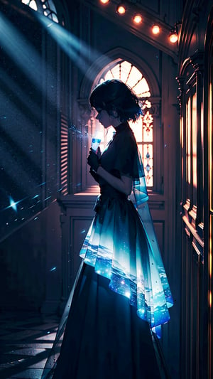 (masterpiece), (best quality),1girl, sole_female, complex_background, comprehensive cinematic, magical photography, (gradients), detailed landscape, black_dress, black veil, focus face, blue eyes, coherence, 1panel, night_sky, long fabrics, Small hands,	 SILHOUETTE LIGHT PARTICLES