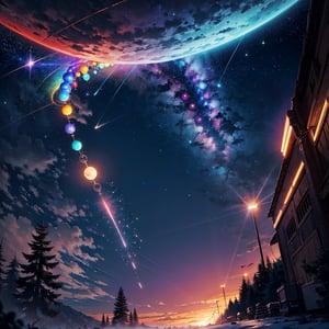 (masterpiece), (best quality), starry_sky, moon, meteor_shower, , (full dual colour neon lighting), (detailed background), (masterpiece:1.2), (ultra detailed), (best quality), comprehensive cinematic, magical photography, (gradients), colorful, detailed landscape, visual key, no humans::1, only_sky::2, no_character, galaxy_shower, fire_expansive. no_buildings, exposed_planets, group of round planets in line,