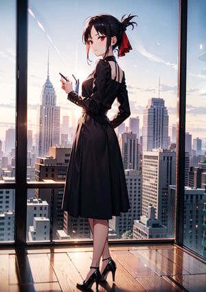 (masterpiece), (best quality), 4k, 1girl,kaguya shinomiya, black one piece dress, red eyes with black gradient, long skirt, Small hands, hands behind the back, light_particles, comprehensive cinematic, magical photography, (gradients), detailed landscape, coherence, 1panel, full body, folded ponytail, basic_background, standing, pose simple