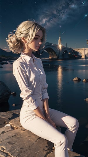 (masterpiece), (best quality), 4k, 1girl, white_hair. wavy_hair. smile, like, white_shirt. pants, cloth dress, red eyes with black gradient, Small hands, focus face, light_particles, comprehensive cinematic, magical photography, (gradients), detailed landscape, coherence, 1panel, basic_background, midnight, starry_sky, moon, wind in hair, blue tones, reflection in the water, thin legs, looking_at_viewer, sitting on a rock::1, simple_background, full_body