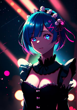 rem_re_zero, blue hair, short hair, maid uniform, hair ornament, cleavage, maid headdress, detached sleeves, ribbon,1girl, solo, highres, look at the sky, night_sky, stars in the sky, light particles, ,best quality, masterpiece,rem, glitter,	 SILHOUETTE LIGHT, shadows a little lit, neon lights, blueeyes, lights, purple and blue neon lights, lights towards the face,Neon Light, looking at the viewer,neon palette