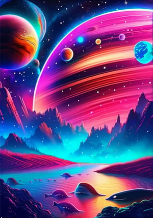 (masterpiece), (best quality), starry_sky, moon, meteor_shower, (full dual colour neon lighting)::1, (detailed background), (masterpiece:1.2), (ultra detailed), (best quality), comprehensive cinematic, magical photography, (gradients), colorful, detailed landscape, visual key, only_sky::2, galaxy_shower, afire_expansive. no_buildings, exposed_planets, group of round planets in line::2, Huge whale with its mouth open, destroying a planet (be explicit), huge fish-shaped creature the size of a planet::1