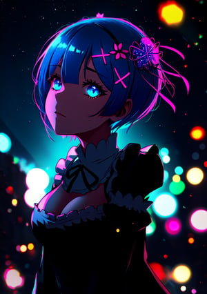 rem_re_zero, blue hair, short hair, maid uniform, hair ornament, cleavage, maid headdress, detached sleeves, ribbon,1girl, solo, highres, look at the sky, night_sky, stars in the sky, light particles, ,best quality, masterpiece,rem, glitter,	 SILHOUETTE LIGHT, shadows a little lit, neon lights, blueeyes, lights, purple and blue neon lights, lights towards the face,Neon Light, looking at the viewer,neon palette