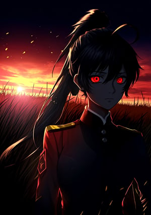 masterpiece, best qualiaty, 1girl, black-hair, red_eye, without expresion, low_ponytail, ahoge, black uniform, military uniform, thousand yard gaze, dirt on the face, sunset, darkness, background grasslands, looking_at_nothing,	 SILHOUETTE LIGHT PARTICLES, ,mysticlightKA, messy uniform,(best quality