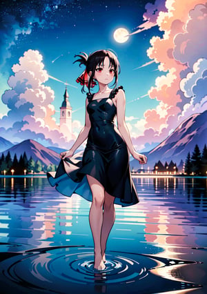 (masterpiece), (best quality), 4k, 1girl,kaguya shinomiya, black one piece dress, red eyes with black gradient, long skirt, Small hands, hands behind the back, light_particles, comprehensive cinematic, magical photography, (gradients), detailed landscape, coherence, 1panel, folded ponytail, basic_background, standing, pose simple, night, starry_sky, moon, wind in hair, blue tones, lake, Walking on the water, reflection in the water, thin legs, focus_face,shinomiya kaguya