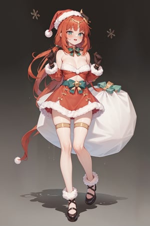  (Perfect Human Anatomy),  1girl, (Hands:1.1),  more detail, :), , (masterpiece,best quality,ultra_detailed,highres,absurdres:1.2), full_body, better_hands, santa_outfit, Santa Claus, christmas_hat, santa_suit, niloudef, christmas background