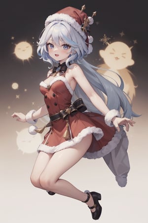  ((Perfect Human Anatomy)),  1girl, (Hands:1.1),  more detail, :), (((bare_arms))), (masterpiece,best quality,ultra_detailed,highres,absurdres:1.2), ((mtu virus)), 8k, full_body, better_hands, christmas_hat, santa_suit,   medium_breasts, santa_outfit,   ahg,  Santa Claus,  furina \(genshin impact\), multicolor_hair