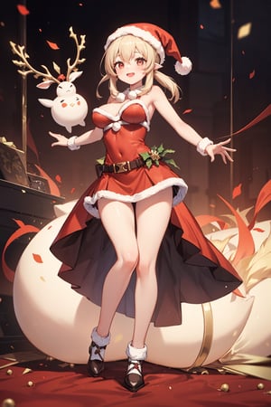 Perfect Human Anatomy,  1girl, :),  (bare_arms), christmas_hat, santa_outfit, ahg,  medium_breasts, ((full body)), (perfect_fingers:1.0), (perfect_legs:1.0), More_Detail, Hands:1.1,kleedef