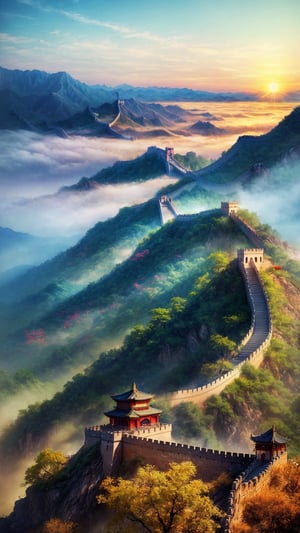 masterpiece, best quality, official_art, aesthetic and beautiful, potrait of old chinese temple on Riverside, great wall along mountain, foggy valley, flowers, spring_season, no_humans, sunrise