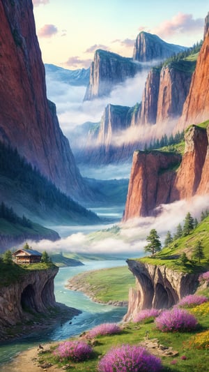 masterpiece, best quality, official_art, aesthetic and beautiful, potrait of high cliffs along foggy river, flowers and mountains along riverside, spring_season, no_human