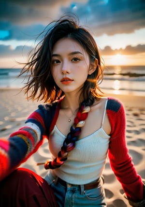 xxmix_girl,a woman takes a fisheye selfie on a beach at sunset, the wind blowing through her messy hair. The sea stretches out behind her, creating a stunning aesthetic and atmosphere with a rating of 1.4