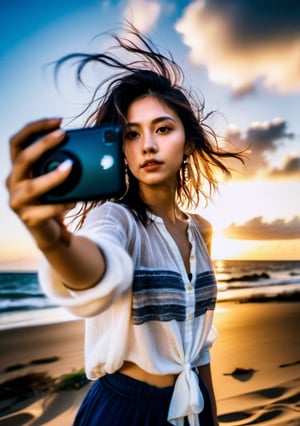 xxmix_girl,a woman takes a fisheye selfie on a beach at sunset, the wind blowing through her messy hair. The sea stretches out behind her, creating a stunning aesthetic and atmosphere with a rating of 1.4