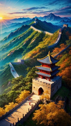 masterpiece, best quality, official_art, aesthetic and beautiful, potrait of old chinese temple on the cliff, great wall along mountain, valley, flowers, spring_season, no_humans, sunrise