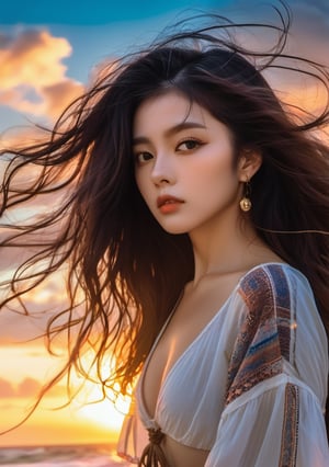 xxmix_girl,a woman takes a fisheye selfie on a beach at sunset, the wind blowing through her messy hair. The sea stretches out behind her, creating a stunning aesthetic and atmosphere with a rating of 1.4