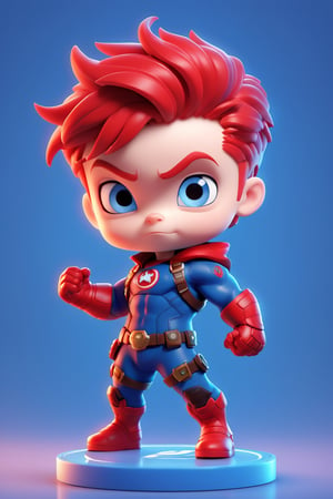 1boy, solo, chibi, full body, looking at viewer, blue eyes, short hair, red hair, Marvel hero, Hauk, blue background