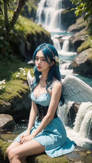 blue_hair, butterfly, corset dress, long straight hair, angel sitting in waterfall. lily flowers, butterfly hairpin, blue eyes