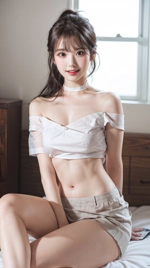 (photorealistic, masterpiece, best quality, raw photo), 1 beautiful girl, 18-23 years old, smiling with visible perfect teeth, detailed beautiful eyes and face, full_body, sitting on knees, breasts, off shoulder, white upshirt, light-brown miniskirt,  flat belly, sexy thighs, glowing thighs, black chocker, earrings, long light-brown ponytail, realistic detailed skin texture,  bedroom, natural sunlight, depth of fields, sharp-focus,hyelin,iu,iulorashy