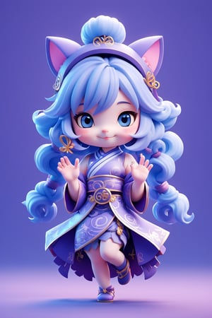 1girl, solo, chibi, full body, looking at viewer, smiley face, blue eyes, cat ears, long hair, violet hair, chinese dress, blue background