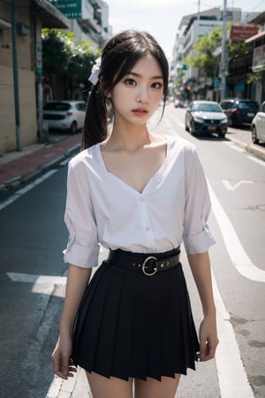 //Photo of,
1girl, solo
//Camera style,
centered shot, from front, face and waist,  look at camera,
long ponytails hair ,
//Body,
symmetrical body, (small breasts:1.6), flat chest, (perfect anatomy:1.2),
//Fashion,
white shirt collar ( pleated 4 buttons ), (black short pleated skirt:1.2), belt, 
//Bangkok backgrouds , sunshine
//Best Quality,
High quality, masterpiece, realistic, photorealistic, ultra high res, highly detailed skin, ta