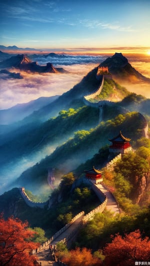 masterpiece, best quality, official_art, aesthetic and beautiful, potrait of old chinese temple on Riverside, great wall along mountain, foggy valley, flowers, spring_season, no_humans, sunrise