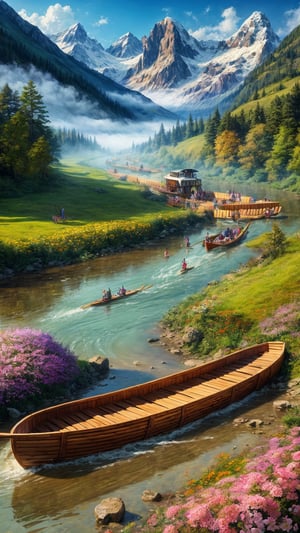 masterpiece, best quality, official_art, aesthetic and beautiful, potrait of log raft in foggy river, flowers and mountains along riverside, spring_season, no_human
