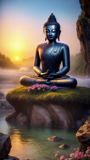 masterpiece, best quality, official_art, aesthetic and beautiful, potrait of Buddha statue engraved in cliff rocks, foggy river, flowers along riverside, spring_season, no_humans, sunrise