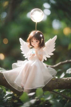 miniature world, a small angel, chibi, lovely white dress, sitting on a branch, in the woods, holding a glowing ice star, magical, fantasy, dreamy, . shallow depth of field, vignette, highly detailed, high budget, bokeh, cinemascope, moody, epic, gorgeous, film grain, grainy, cinematic film, alive,dreamgirl