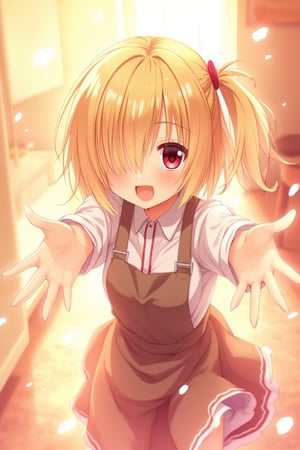 A whimsical, warm-toned anime scene with absurd professional quality: A girl runs towards the viewer with her arms open, in an incoming hug. her delicate fingers spread out with her extended arms. Her detailed, expressive anime hands reach out to the viewer for a loving hug. Her hair is blonde and covers one eye. Her eyes are red and her smile inviting. Delicate lines and textures define her features. She wears an apron and a white shirt with the sleeves rolled up.