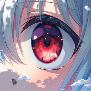 In the image, a vivid red eye captures the essence of its surroundings: clouds, a starry sky, and subtle urban elements like power lines and utility poles reflect within it. This close-up focus on the eye, set against an outdoor backdrop, not only engages the viewer directly but also mirrors a lens flare and hints of scenery, all framed by the subject's white hair. The solo figure's gaze, looking straight at the viewer, is both intimate and enigmatic, with the reflection serving as a microcosm of the broader environment.

The whole depictions is in th style of kobuichi.