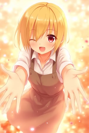 A whimsical, warm-toned anime scene: A girl runs towards the viewer with her arms open, in an incoming hug. her delicate fingers spread out with her extended arms. Her detailed, expressive anime hands reach out to the viewer for a loving hug. Her hair is blonde and covers one eye. Her eyes are red and her smile inviting. Delicate lines and textures define her features. She wears an apron and a white shirt with the sleeves rolled up.